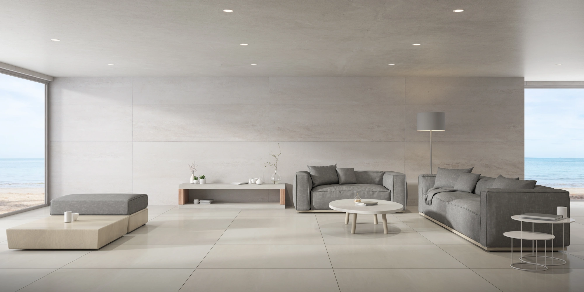 Modern large-format tile flooring in a Clovis living room